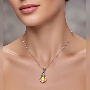 Handmade Austrian Crystal Aurora Borealis Pendant Sterling Silver Chain Necklace